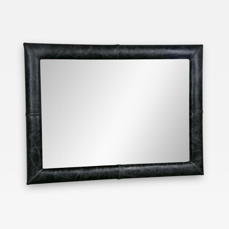 Mid Century Wall Mirror Decorated Distressed Leather Upholstered Frame