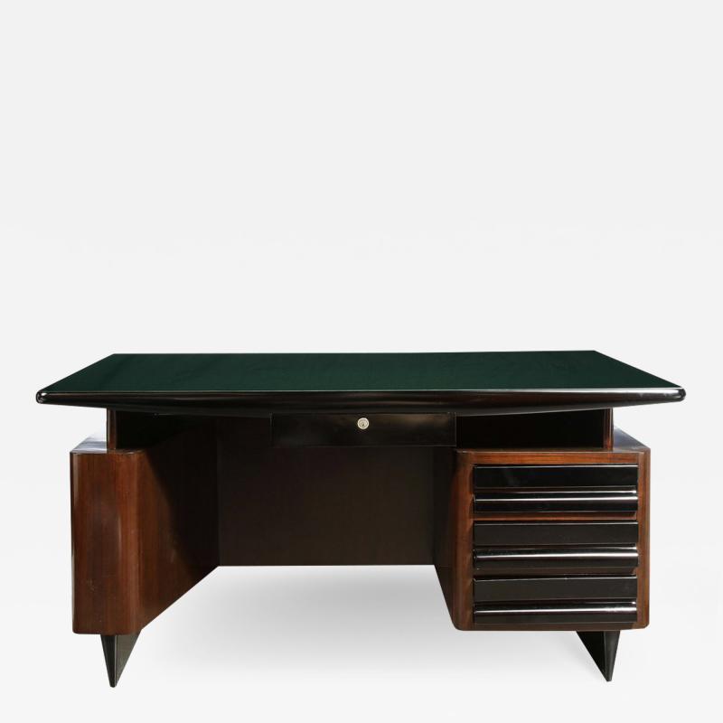 Mid Century Walnut Black Lacquer Desk with a Green Vitrolite Top
