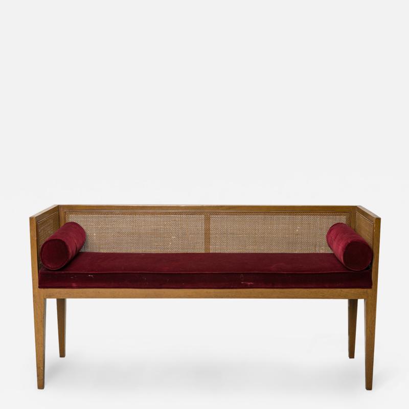 Mid Century Walnut Caned Back and Burgundy Velour Upholstered Entry Bench