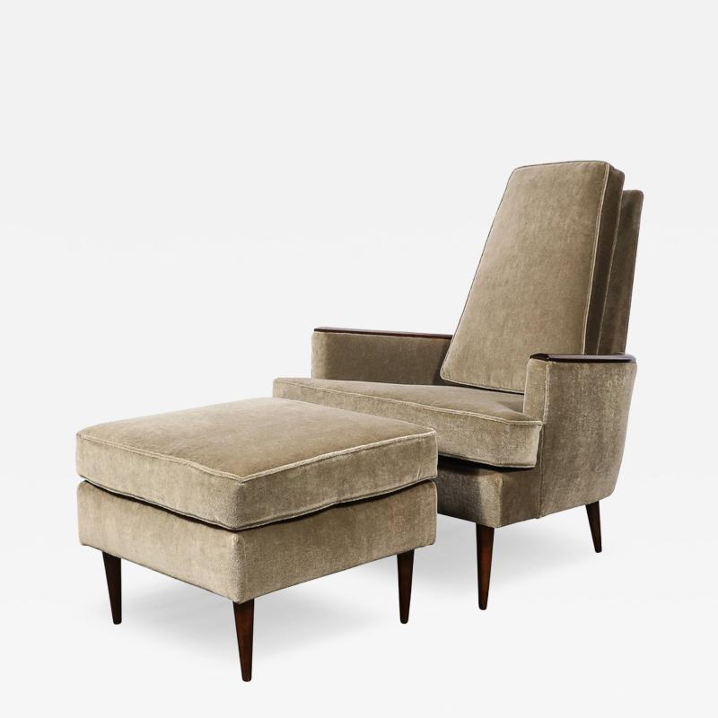 Mid Century Walnut Smoked Taupe Mohair Curved Arm Lounge Chair Ottoman