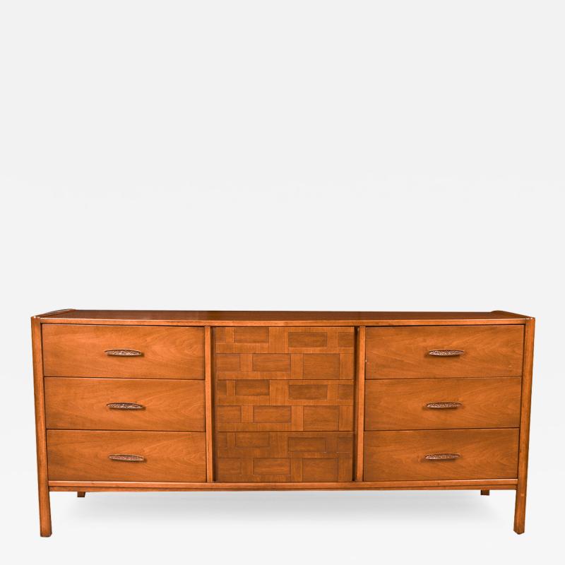 Mid Century Walnut Weave Pattern Long Dresser