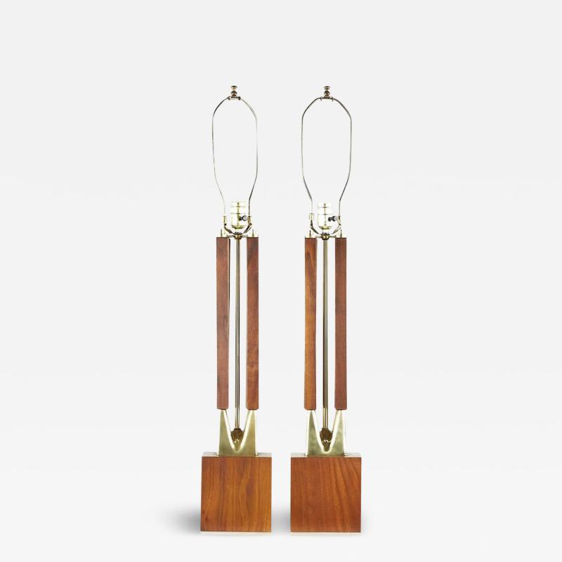 Mid Century Walnut and Brass Lamps Pair