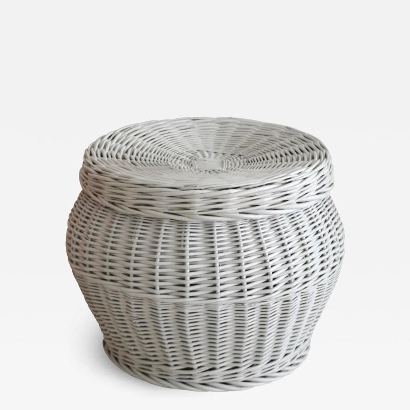 Mid Century White Lacquered Woven Rattan Basket