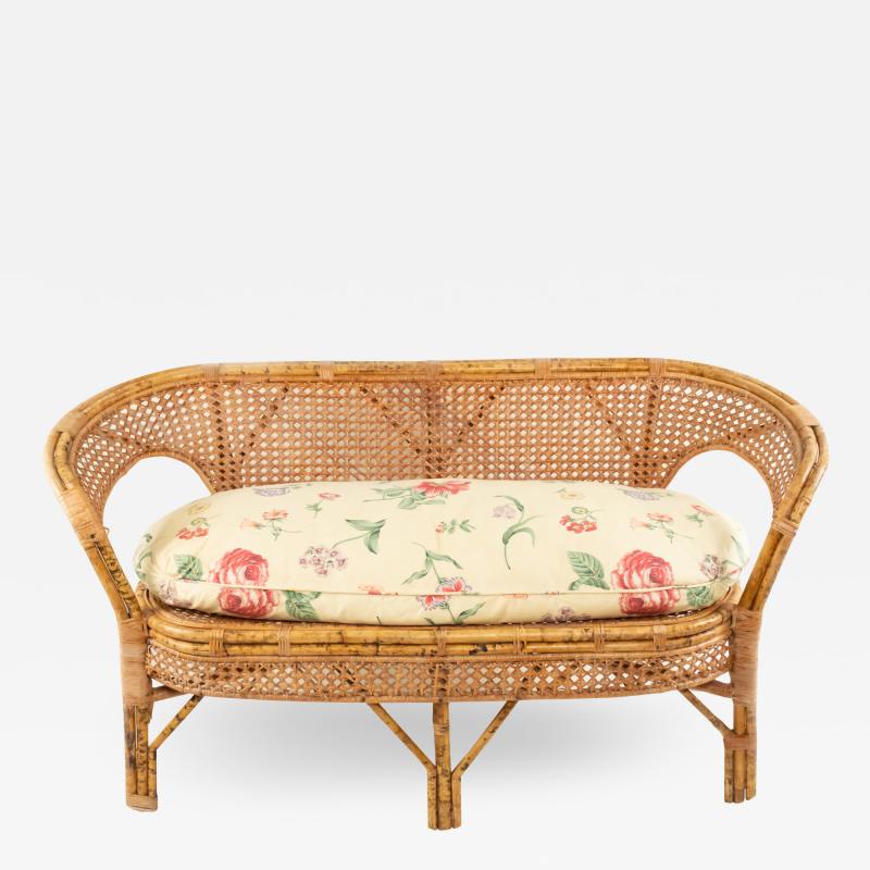Mid Century Wicker Love Seat with Floral Upholstery