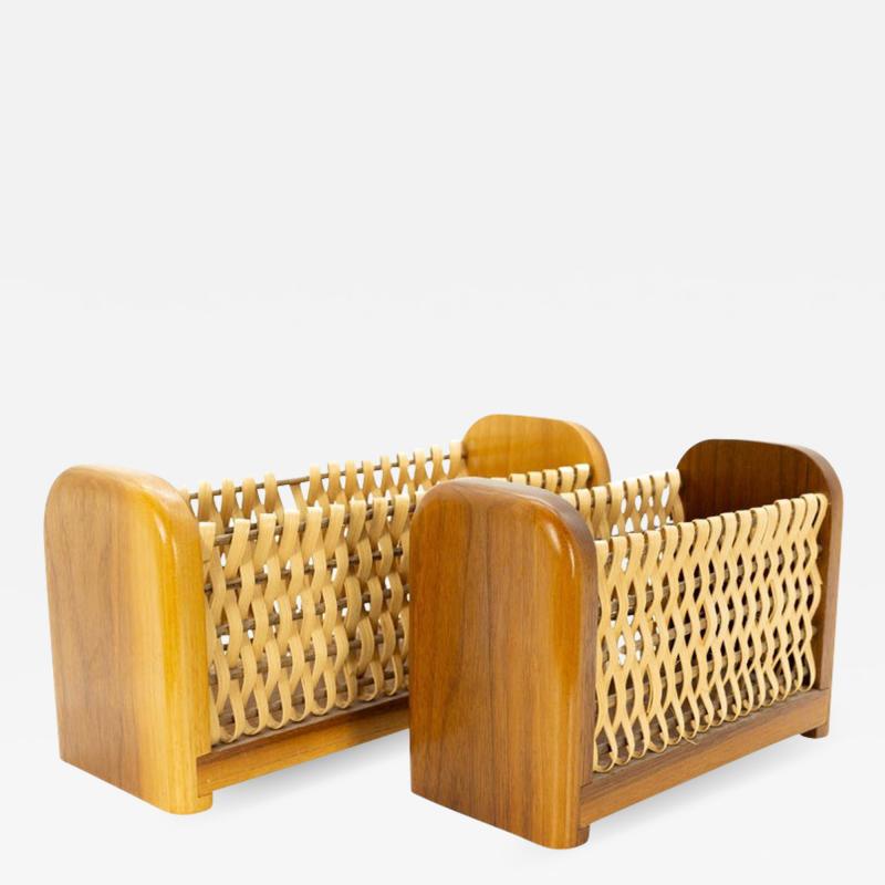 Mid Century Wood and Wicker Desk Organizer Baskets