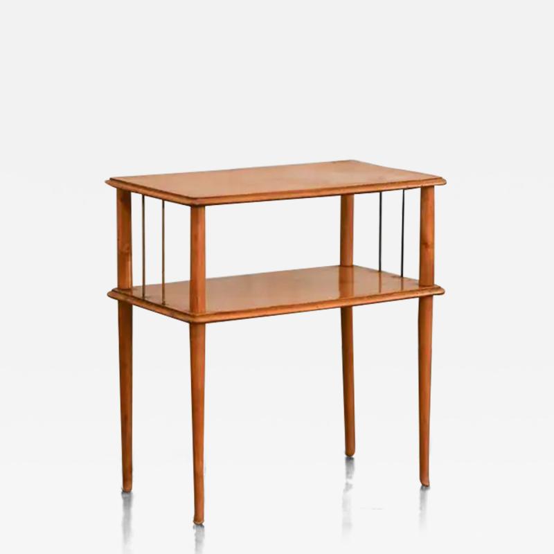 Mid Century Wooden Side Table With Brass Details And Double Shelf