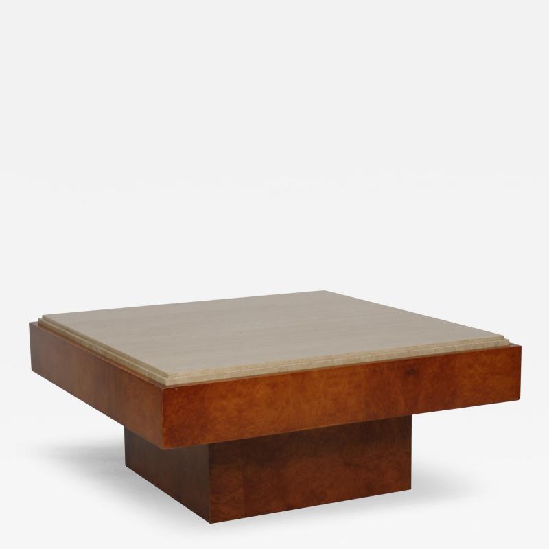 Mid Century travertine and walnut burr coffee table Italy c1970