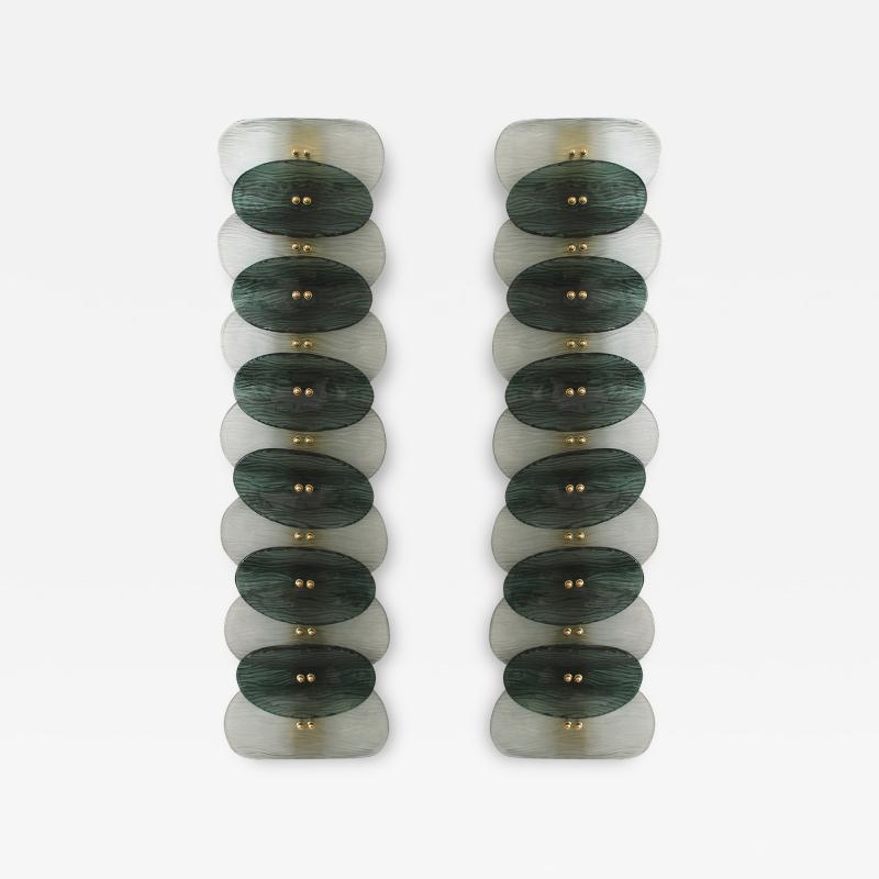 Mid Modern Style Green And White Murano Glass and Brass Italian Wall Sconces