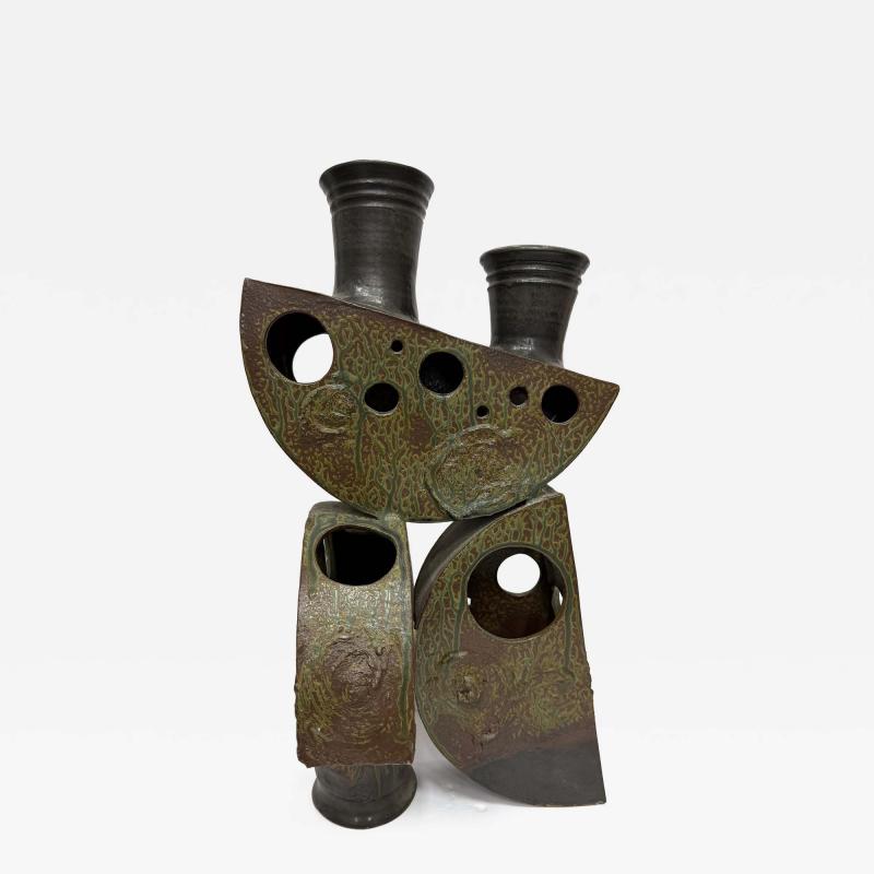 Mid century Abstract Studio Pottery Sculpture Stoneware and Verdigris Finish