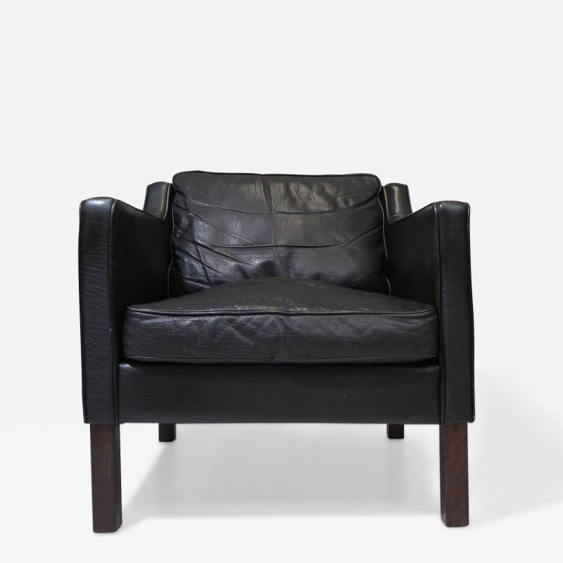 Mid century Danish Black Leather Lounge Chair in Manner of Borge Mogensen