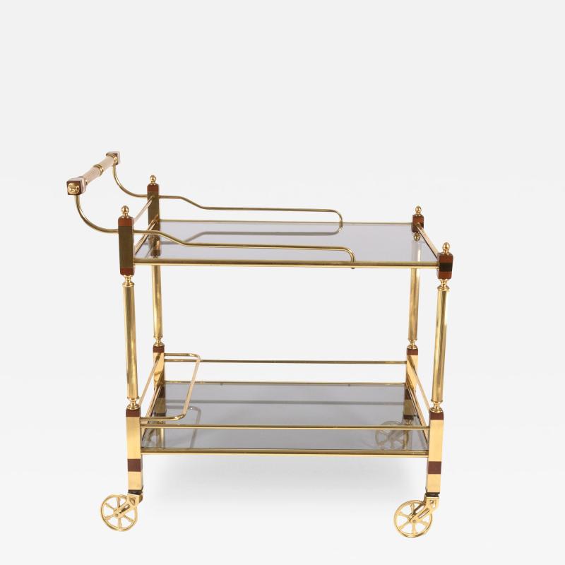 Mid century Hollywood Regency Style Brass Smoke Glass Rolling Bar Cart