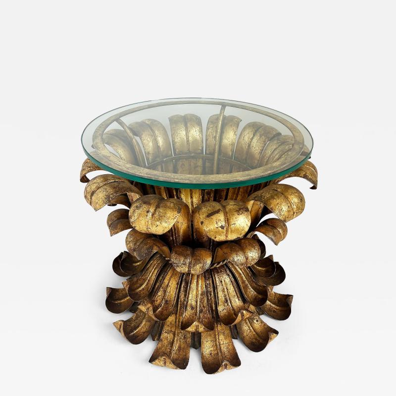 Mid century Italian Hollywood Regency Gilt Tole Side Table with Glass Top