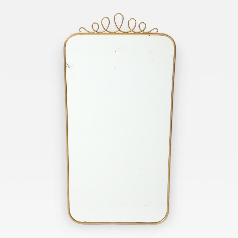 Mid century Italian Rectangular Brass Wall Mirror Looping Scroll Crest