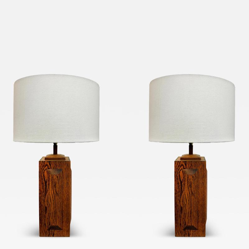 Mid century Modern Cross Cut Oak Wood Table Lamps Pair