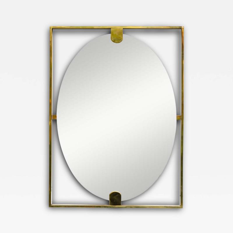 Mid century style rectangular brass frame with oval mirror