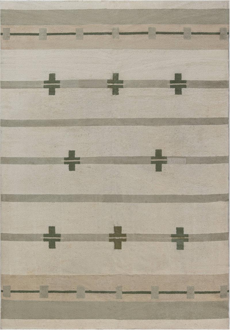 Midcentury Art Deco Handmade Wool Rug in Beige and Green