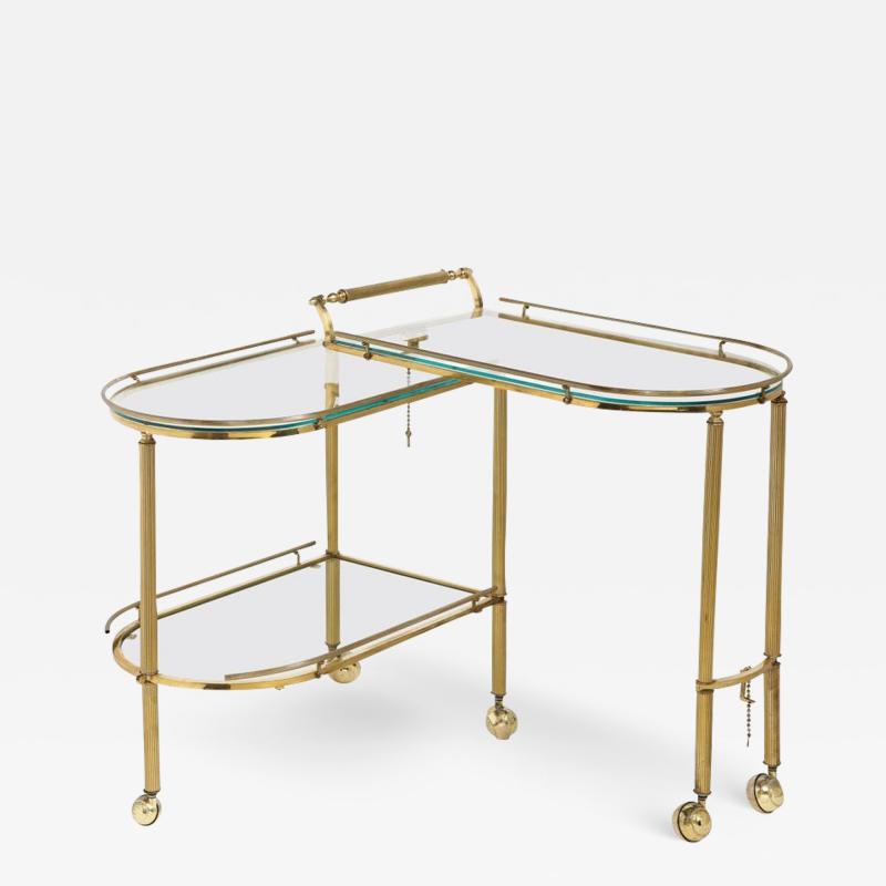 Midcentury Articulating 3 Tier Demilune Reeded Brass Bullet Bar Cart on Castors