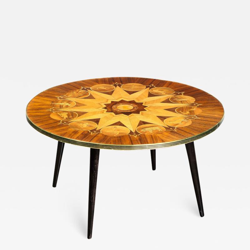 Midcentury Bookmatched Walnut Elm Cocktail Table with Zodiac Themed Marquetry