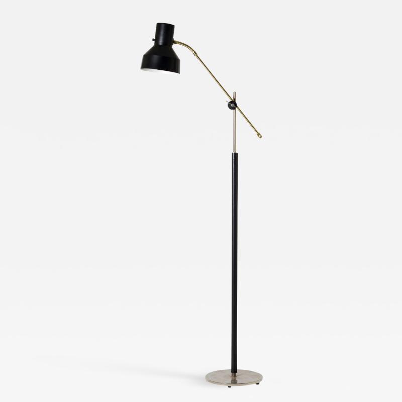 Midcentury Brass Chrome and Black Faux Leather Reading Floor Lamp