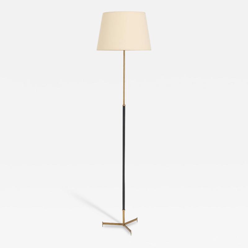 Midcentury Brass and Faux Black Leather Floor Lamp