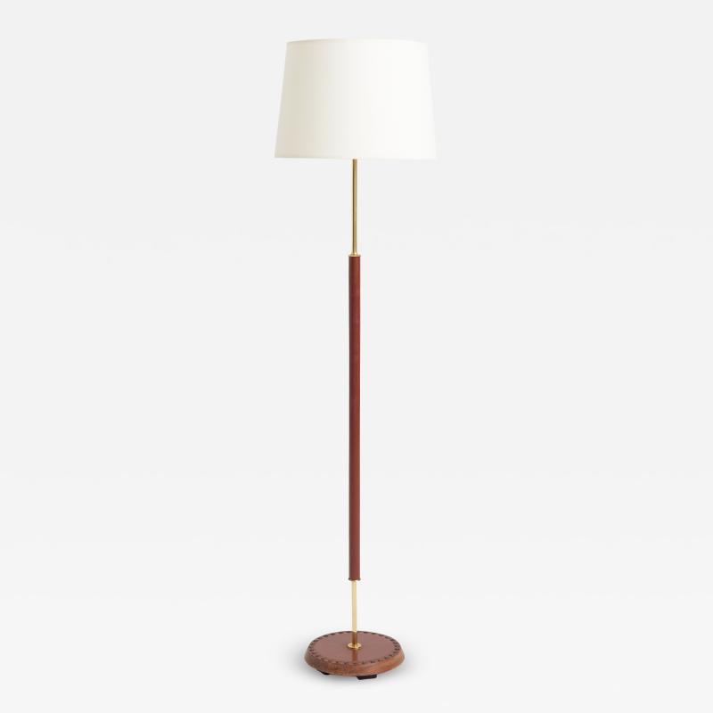 Midcentury Brown Leather and Brass Floor Lamp