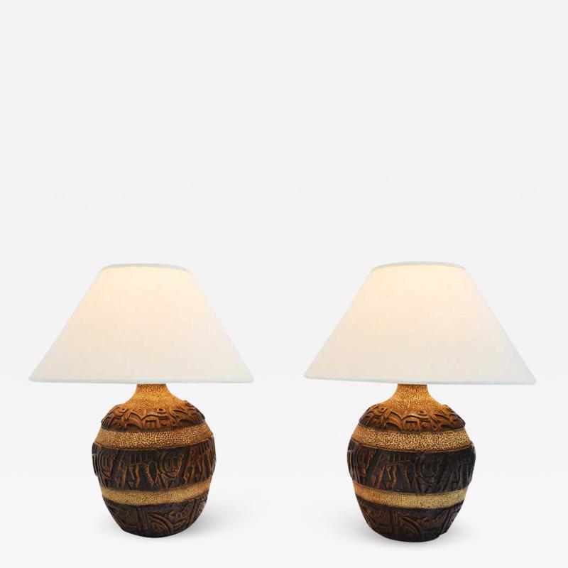 Midcentury Brutalist Style Bulbous Ceramic Table Lamps in Bronze