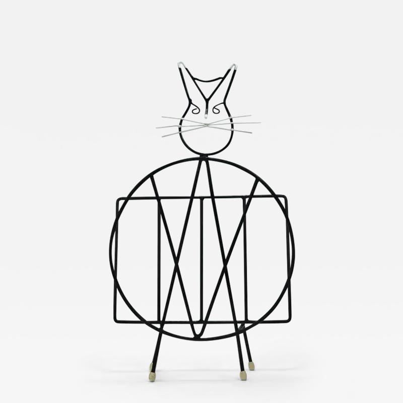 Midcentury Cat Shaped Magazine Stand or Record Rack Iron Italy 1950s