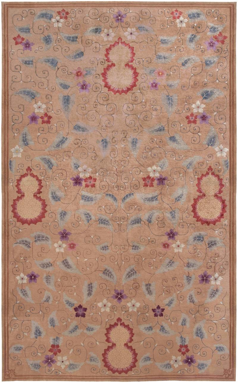 Midcentury Chinese Handmade Wool Rug in Light Brown Red Purple Red and Ivory