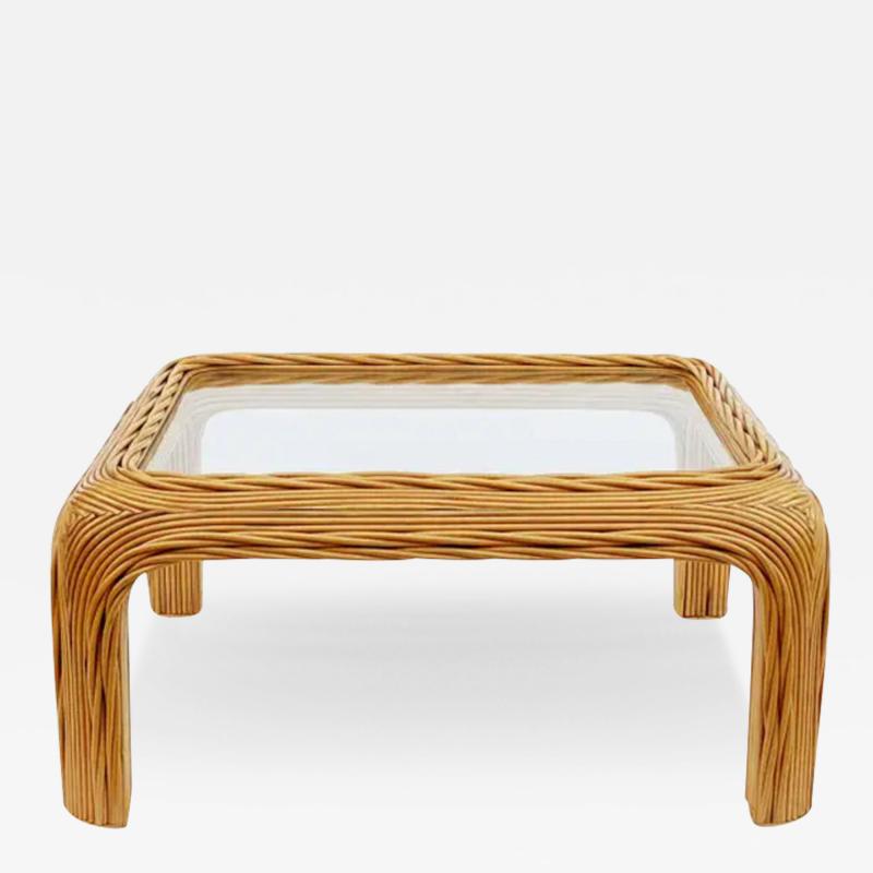 Midcentury Coastal or Boho Modern Woven Rattan Glass Square Coffee Table