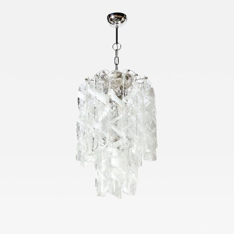 Midcentury Hand Blown Murano Translucent and White Glass Helix Form Chandelier