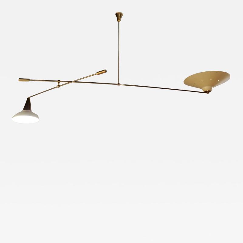 Midcentury Italian Brass and Lacquered Metal Chandelier with Two Articulate Arms