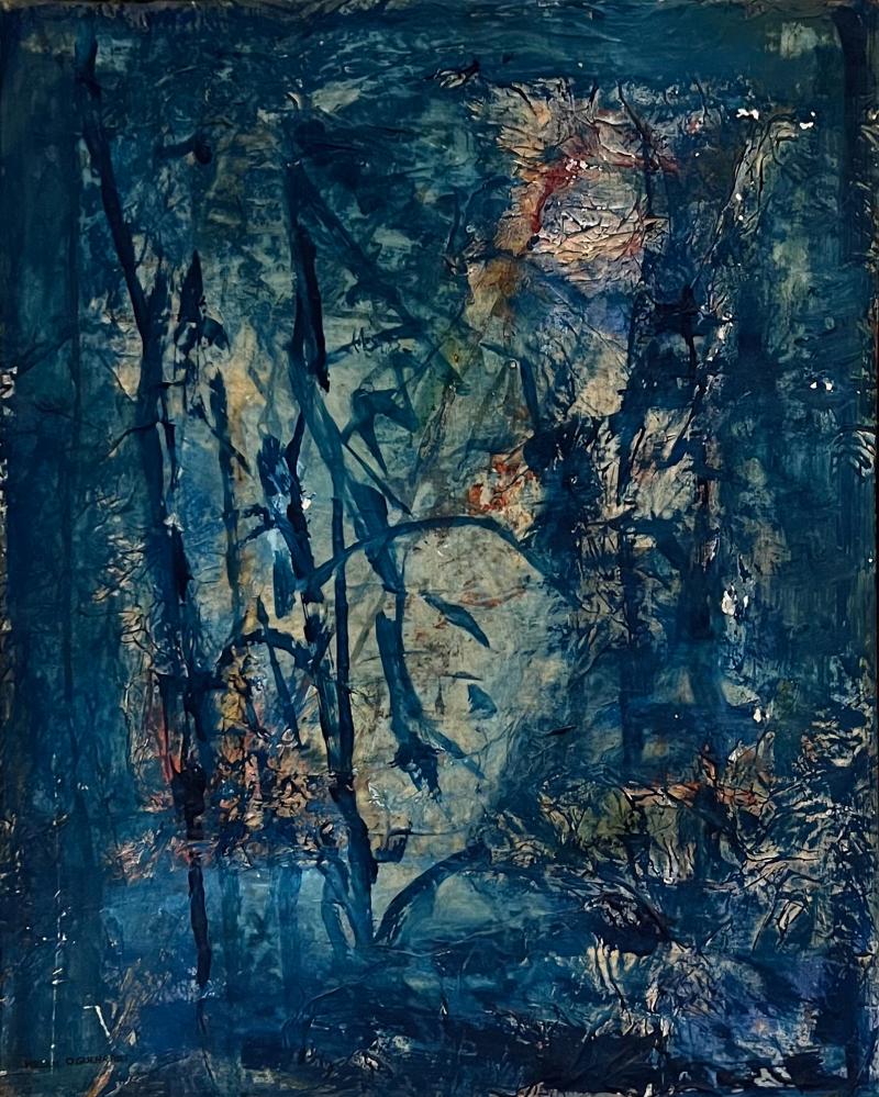 Midcentury Modern Blue Art Oil on Canvas Abstract Expression Helen Oguerran