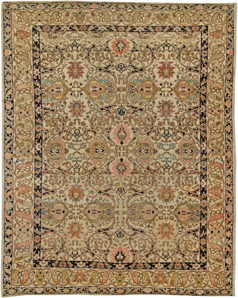 Midcentury Persian Tabriz Copper Beige Salmon and Inky Blue Handmade Wool Rug