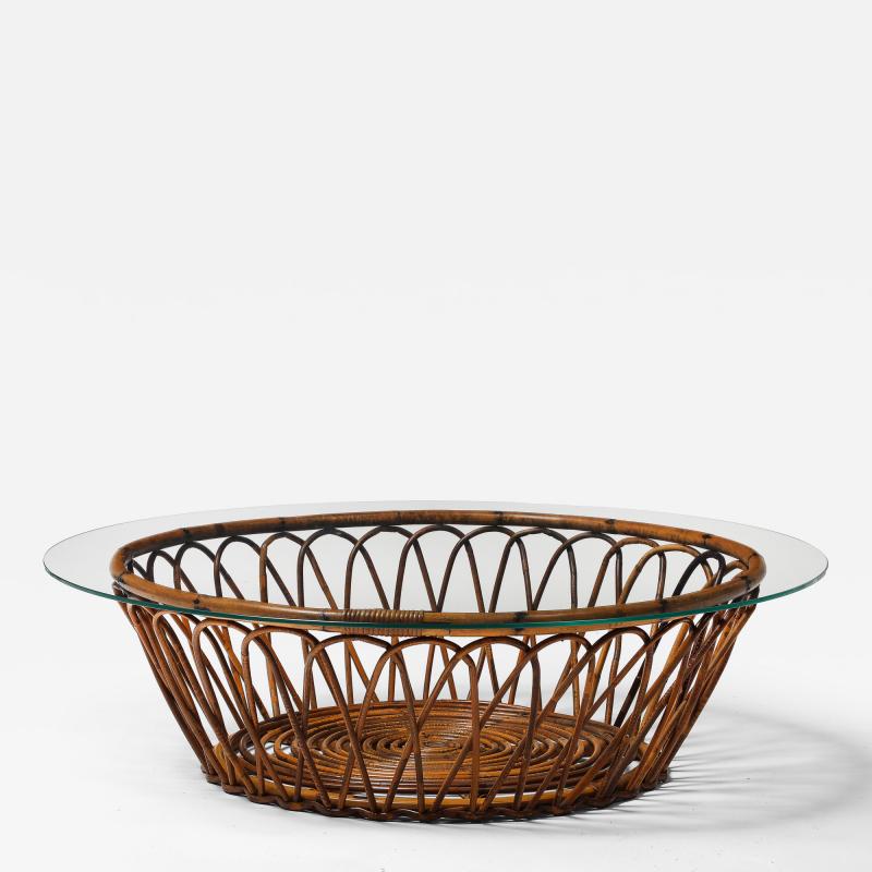 Midcentury Round Bamboo Rattan and Glass Top Coffee Table