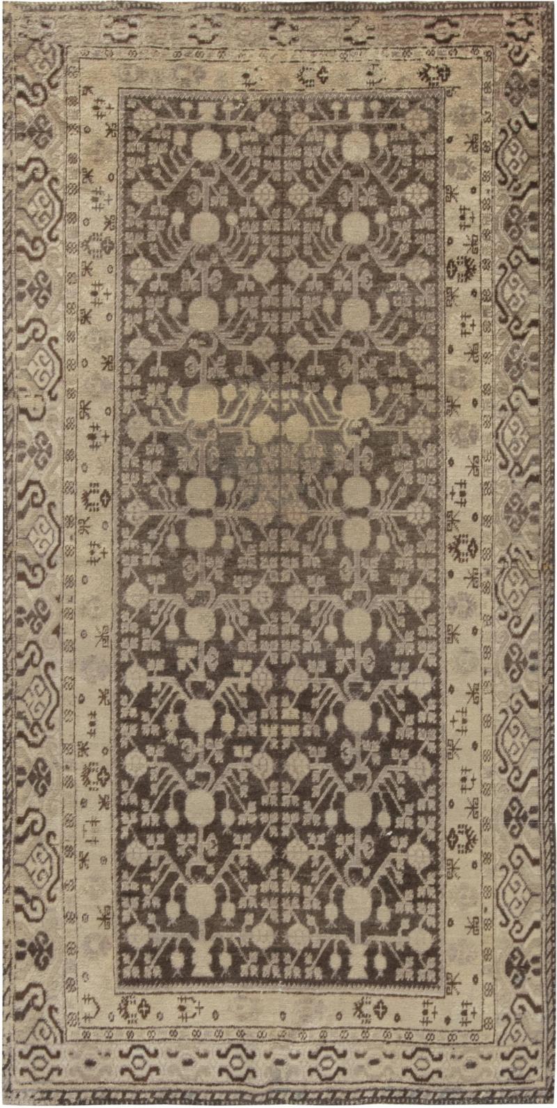 Midcentury Samarkand Beige and Brown Handwoven Wool Rug