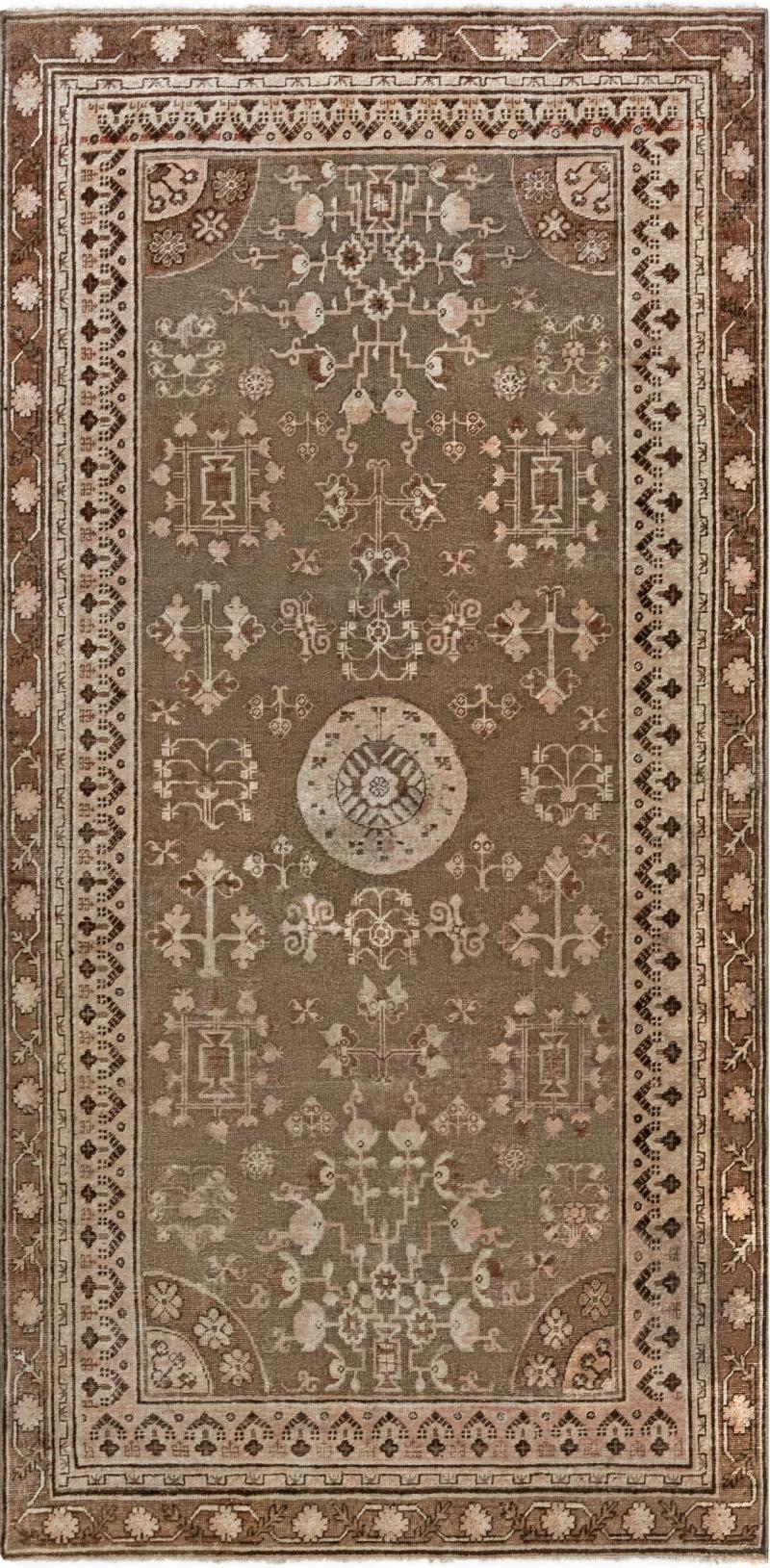 Midcentury Samarkand Brown and Beige Handwoven Wool Rug