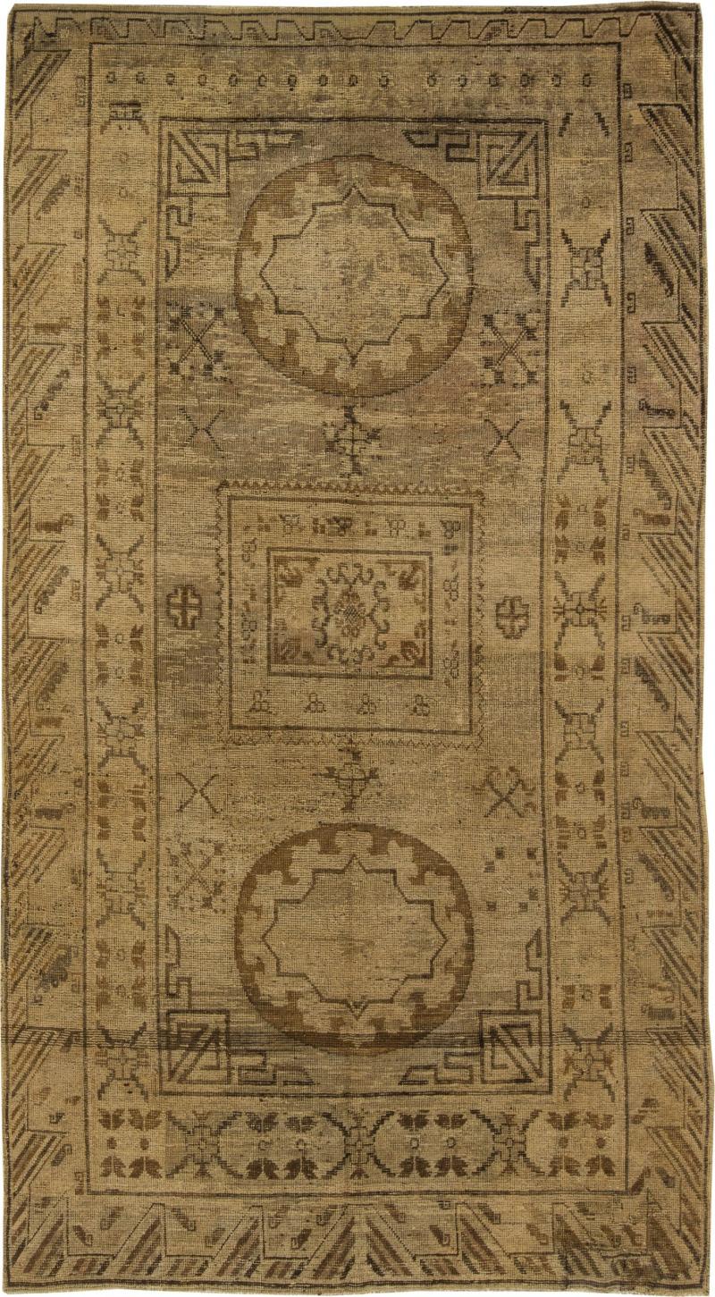 Midcentury Samarkand Caramel and Dark Brown Handmade Wool Rug