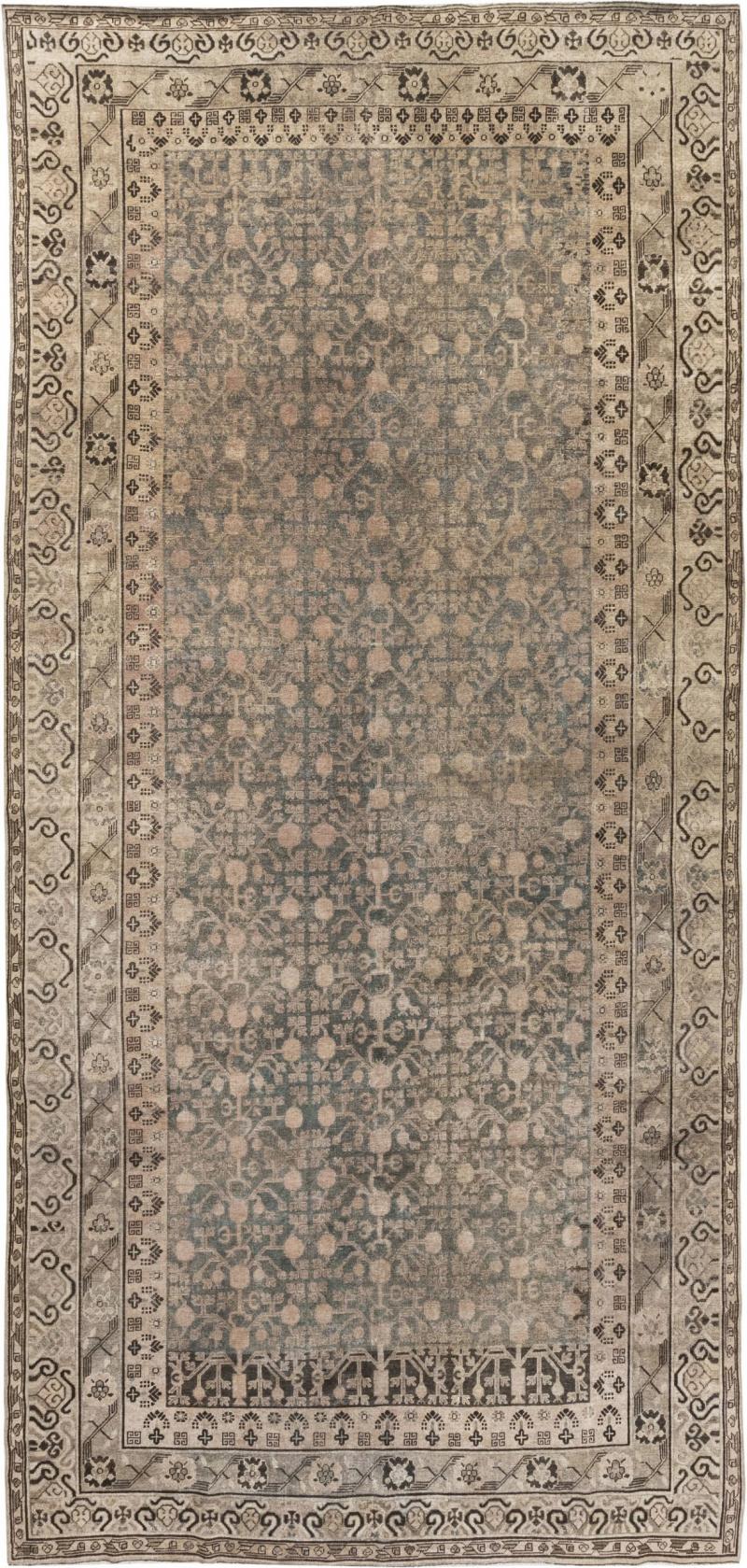 Midcentury Samarkand Gray Blue Beige and Brown Hand Knotted Wool Rug