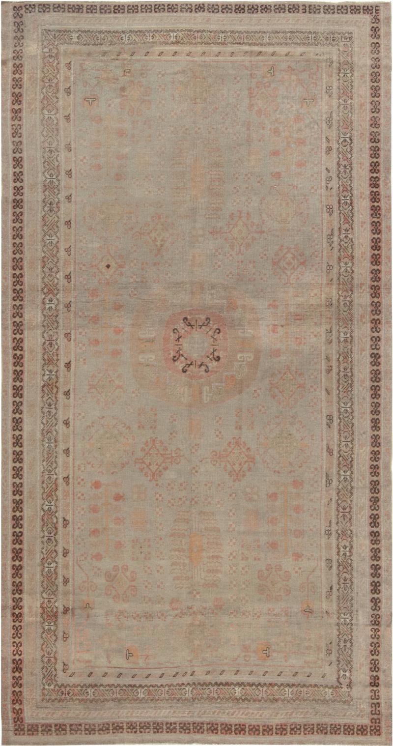 Midcentury Samarkand Handmade Wool Rug in Beige Brown and Orange