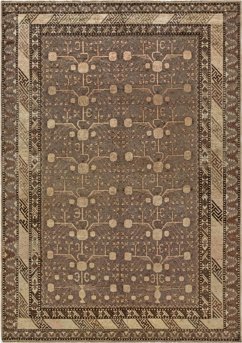 Midcentury Samarkand Handmade Wool Rug in Beige Brown and Purple