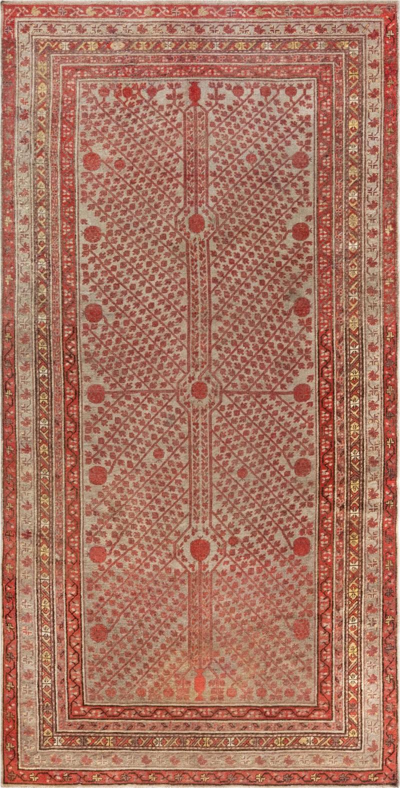 Midcentury Samarkand Handmade Wool Rug in Beige Red and Orange