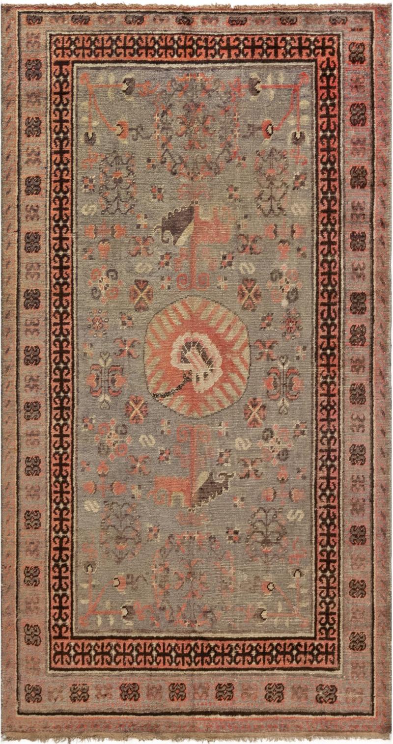 Midcentury Samarkand Handmade Wool Rug in Brown Green and Pink
