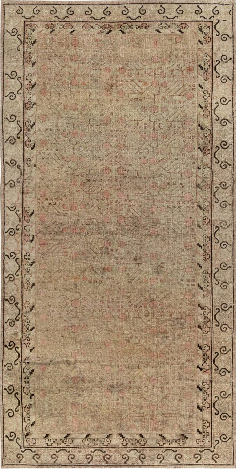Midcentury Samarkand Handmade Wool Rug in Light Gray Beige Brown and Pink