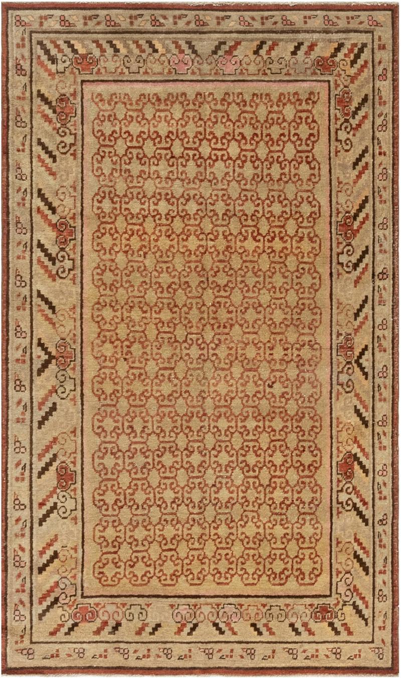 Midcentury Samarkand Handmade Wool Rug in Sandy Beige Orange and Brown