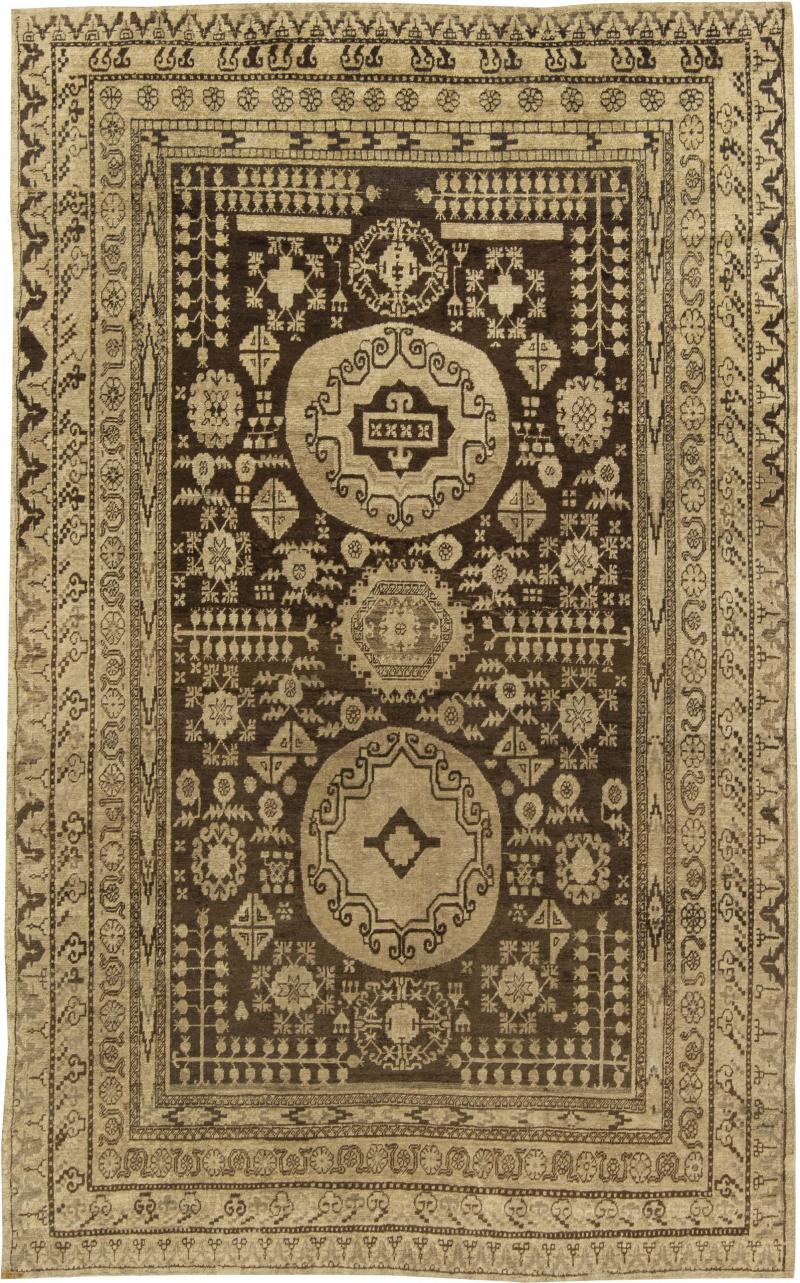 Midcentury Samarkand Handmade Wool Rug in Sandy Beige and Brown