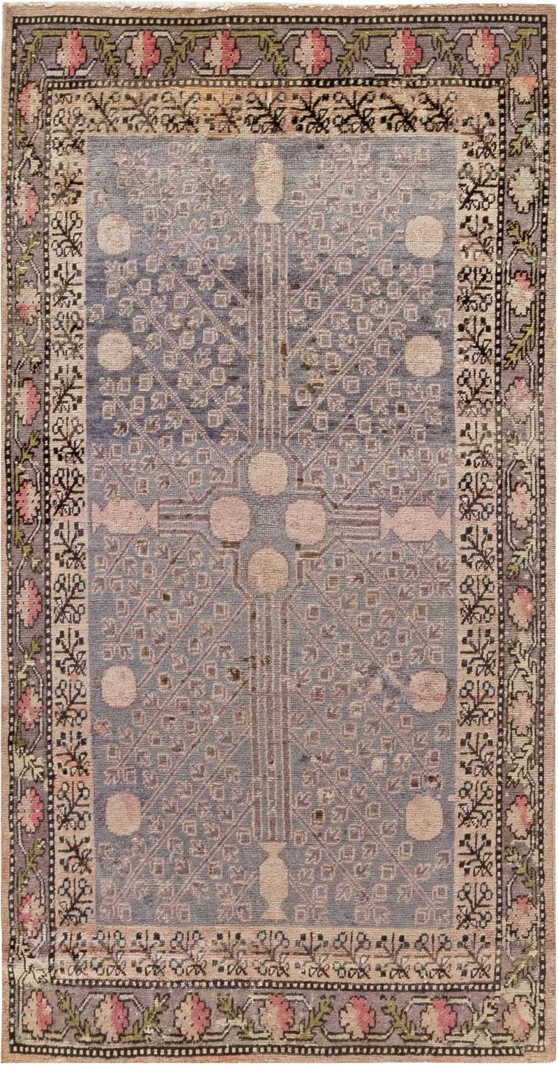 Midcentury Samarkand Purple Pink and Light Blue Handmade Wool Rug