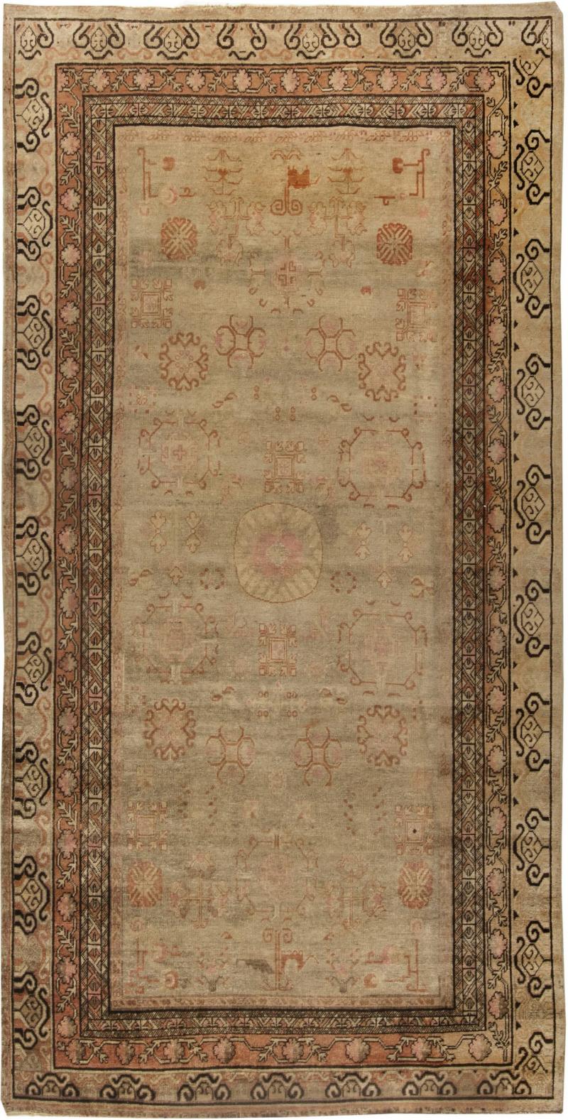 Midcentury Samarkand Washed Out Beige Rosewood Pale Peach and Ebony Brown Rug