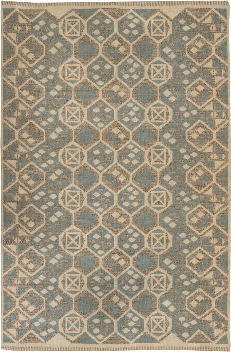 Midcentury Scandinavian Wool Rug with Honeycomb Design in Blue Grey and Brown