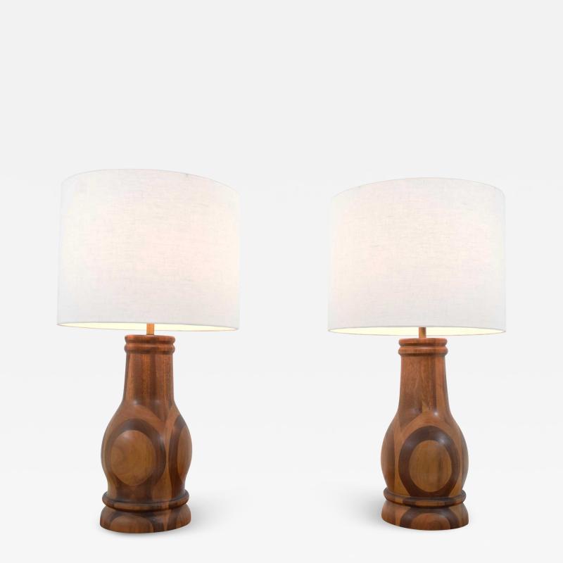 Midcentury Studio Craft Large Marquetry Patterned Wood Lamps 1950s