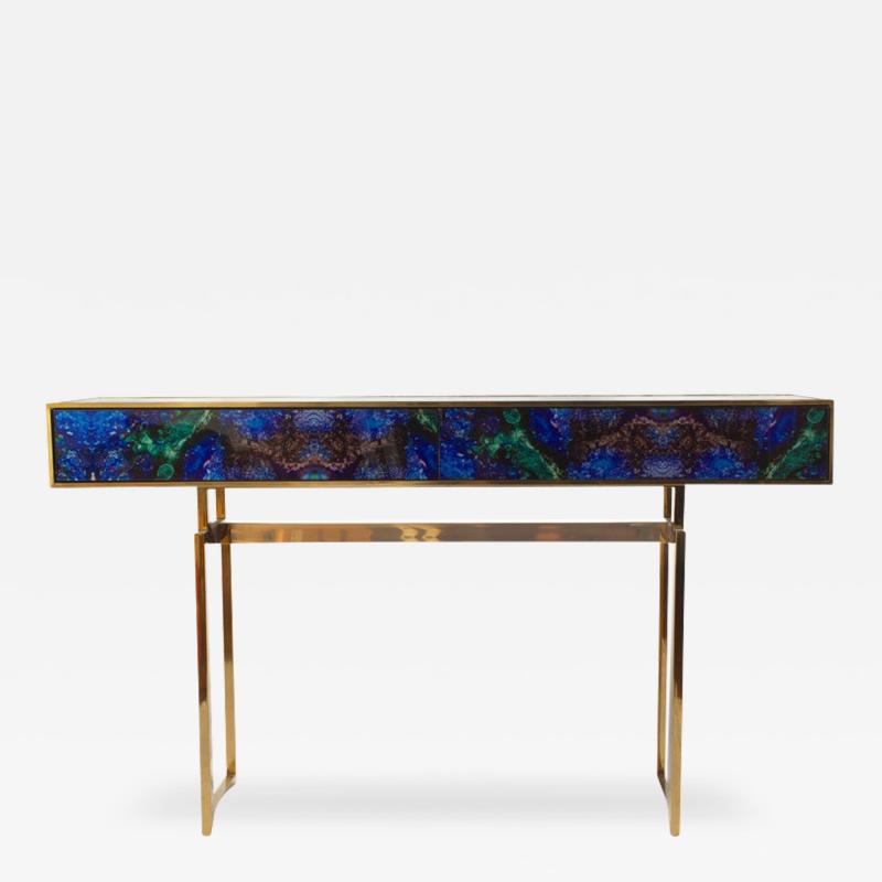 Midcentury Style Brass and Lapis Lazuli Colored Murano Glass Console Table